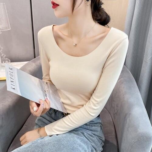 2021 Women Basic Solid Long Sleeve T-Shirt Round Crew Neck Plain Cotton Spandex New Lady Tees & Tops Autumn Hot Sale