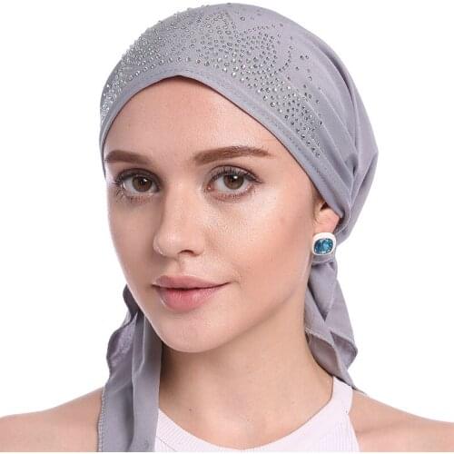 Muslim Headscarf Hat Thin Summer Inner Hijab Caps Solid Color Diamond Turban for women Bonnet India Headwrap Hats Islamic