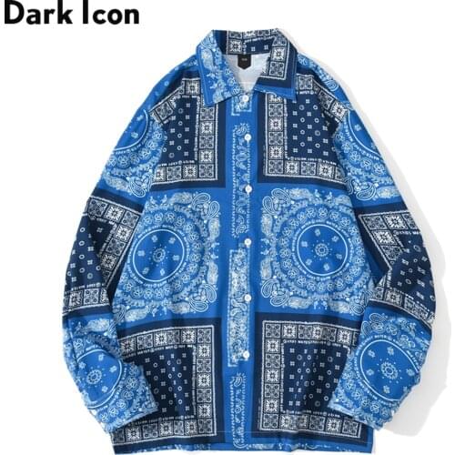 Dark Icon Blue Bandana Shirt Men Turn-down Collar Street Mens Shirt Long Sleeved Casual Shirts Man