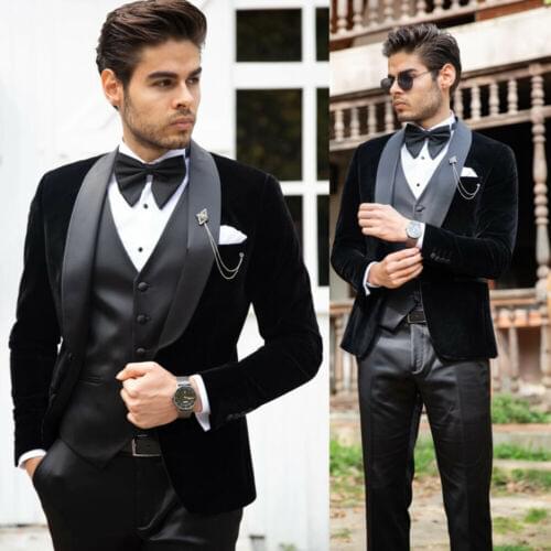 2020 Mens Black Velvet Satin Shawl Lapel Slim Fit Suits Vest Wedding Groom Formal Costume Homme Blazer Men Suits 3 Piece