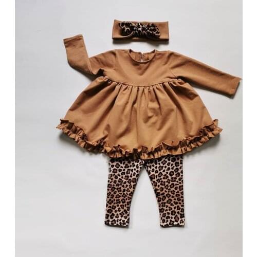 1-4Y Girls Clothing Sets Autumn Toddler Kids Baby Girls Ruffles Tops Dress+Leopard Print Elastic Pants+Headband Holiday Outfits