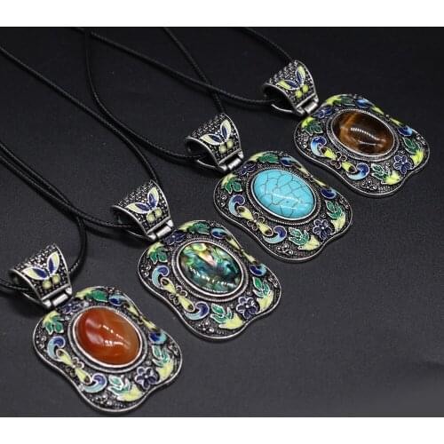 Natural Stone Agates Crystal Lapis Lazuli Rose Quartzs Black Shell Necklace Pendants for Women Gift Size 40x70mm Length 55cm