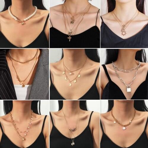 New Trendy Metal Coin Cross Pendant Necklaces Multi-layer Punk Design Long Chain Necklace For Women Jewelry Gifts