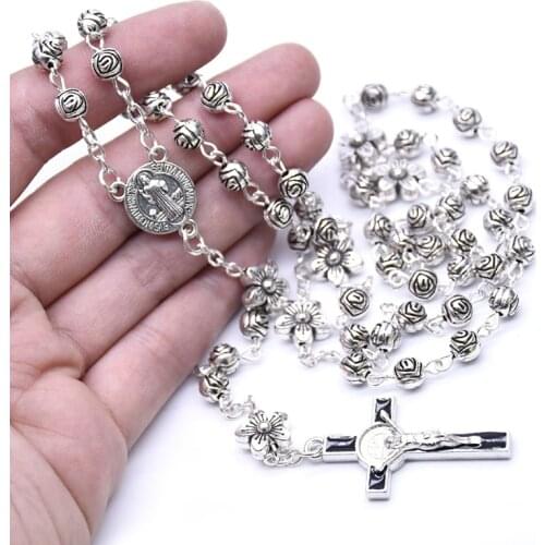 Handmade Metal Rose Flower Pendant Necklace for Women Jesus Cross Rosary Beads Necklace Religious Praying Jewelry Gifts