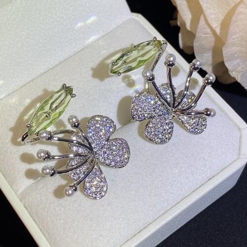 Flower Stamen Cubic Zircon Crystal Pearl Earring Clip Earrings Temperament Exquisite Fashion Luxurious Women Vintage Jewelry