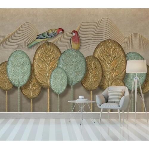 Beibehang Nordic minimalistic abstract hand painted golden leaves forest parrot background wall decorative painting wallpaper