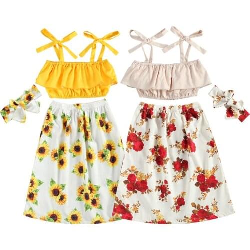 FOCUSNORM Summer Holiday Kids Girls Clothes Sets 3pcs Flowers Print Strap Sleeveless Vest Tops Ankle Length Skirts Headband