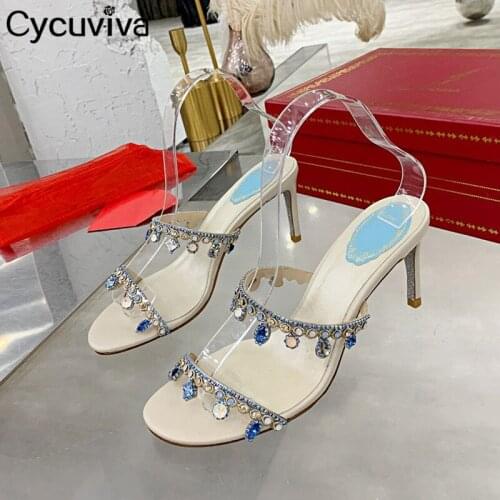 Glitter Crystal High Heel Slippers Women Summer Slides Open Toe Party Brand Shoes Femme Runway Rhinestone Sandalias Mujer 2021