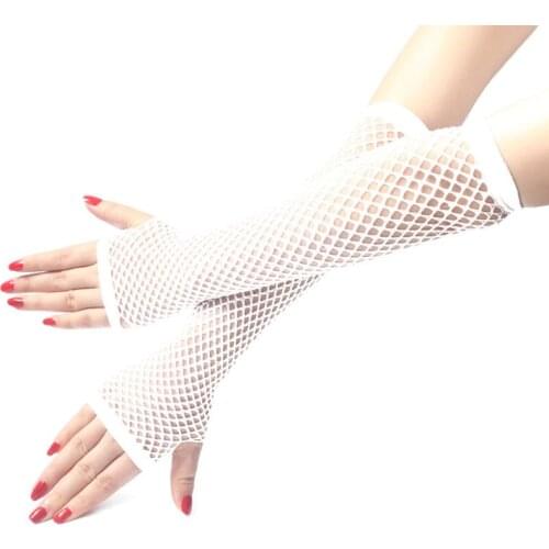 Women Punk Gothic Solid Color Fishnet Half Hand Fingerless Long Golves With Thumb Hole Wrist Length Hollow Out Mittens