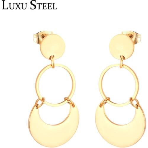LUXUSTEEL Hollow Out Round Drop Earrings Stainless Steel Geometry Long Earrings Female Bijoux Party Daily Wear