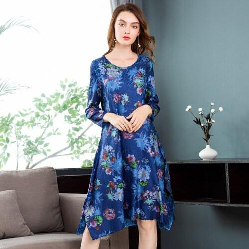 Plus Size Dress Women High Quality Boutique Digital Flowers Printed 2019 Spring Stretch Miyake Pleats Loose Waist Casual Dress