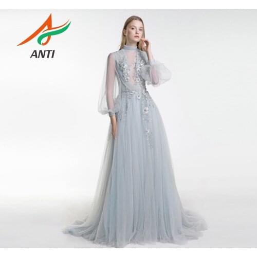ANTI Elegant Long Sleeve Evening Dresses 2019 With 3D Flowers Appliques Illusion Long A-Line Formal Party Gowns For Woman LM172