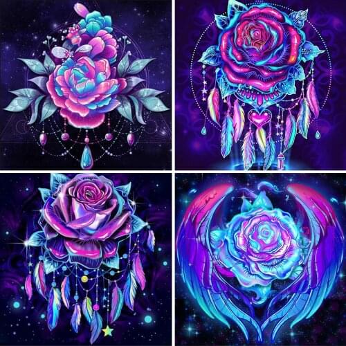 5D DIY Diamond Painting Flower Rose Feather Cross Stitch Kit Full Drill Embroidery Mosaic Art Picture of Rhinestones Wall Decor