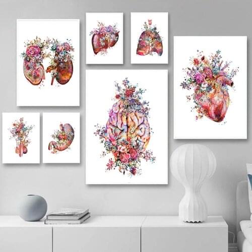 Anatomy Art Medical Canvas Painting Floral Organs Heart Lung Poster Print Student Education Hospital Picture Modern Decoration