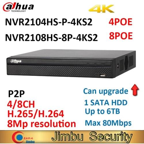 Dahua SECURITY KIT NVR NVR2104HS-P-4KS2 CCTV 4CH Smart 1U 4POE Lite Network Video Recorder Up to 8MP NVR2108HS-8P-4KS2 8POE 8CH