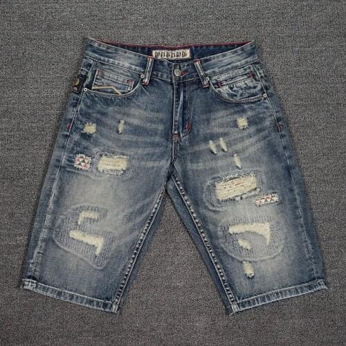 American Street Style Fashion Men Jeans Summer Destroyed Patches Designer Short Ripped Jeans Men Hip Hop Punk Denim Shorts Homme