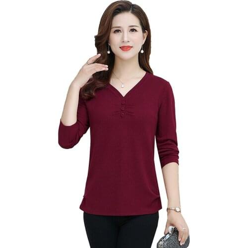 Long Sleeve T-Shirts Spring Fall Women Pullover Shirt Middle Age Mother Plus Size Casual Solid color V-neck TopsTee