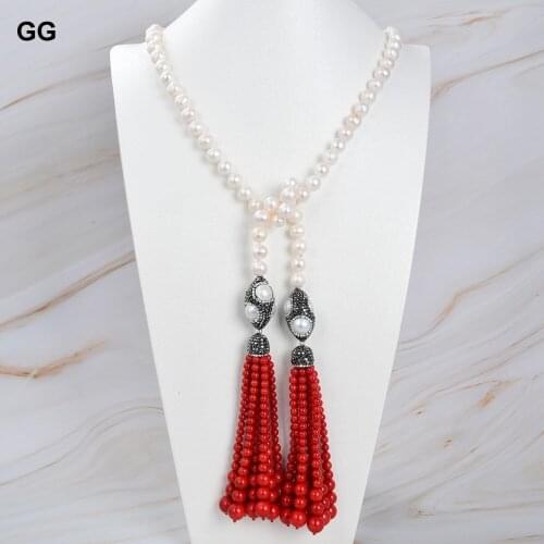 GG Jewelry 42" Natural White Pearl Red Coral CZ Paved Pendant Necklace For Women Lady