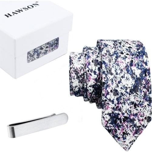 HAWSON 2 Pcs Tie Set with Men Cotton Floral Necktie 2 inch 2.5 inch and Tie Bar Clip 1.37 inch in Gift Box