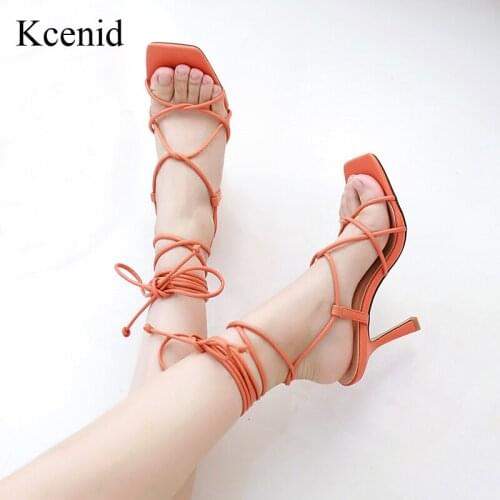 Kcenid 2021 Fashion Summer Women Sandals Narrow Band Vintage Square Toe High Heels Cross Strap Sandals Women Thin Heel Shoes