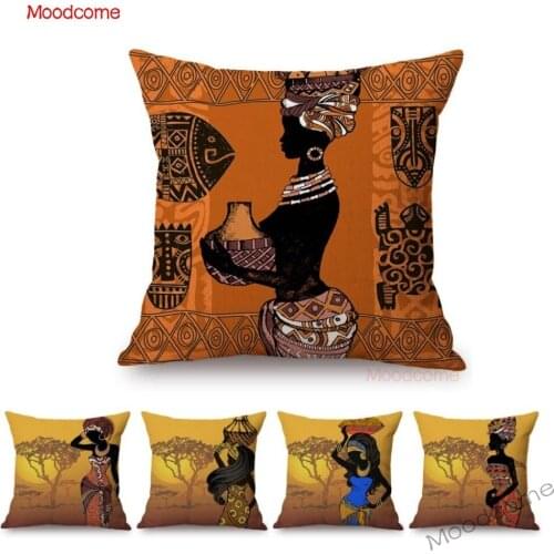 Classic Africa Tribal Dancing African Woman Pattern Sofa Throw Pillow Case Orange Color Sunset Africa Black Girl Cushion Cover
