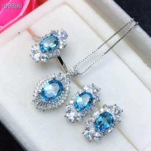 KJJEAXCMY boutique jewels 925 sterling silver inlaid natural blue topaz womens Ring Pendant Earring Set support detection