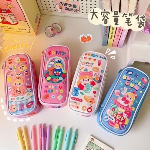 Korea Large-capacity Zipper Pencil Case Simple Girl Heart Cute Cartoon Student Stationery Bag Pencil Case Pu Pencil Case Cute