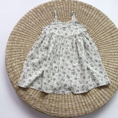 Summer Girl Linen Dress Korean Mori Girl Kids Print Floral Dress Casual Clothings