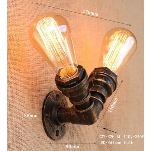 Loft Industrial 2 lights iron rust Water pipe retro wall lamp Vintage e27 sconce lights for living room bedroom restaurant bar