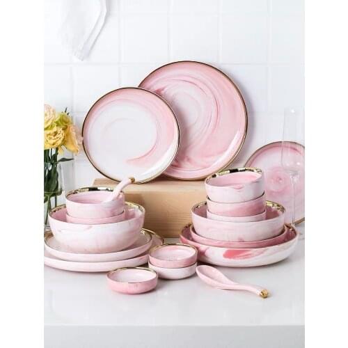Marble Series Pink Ceramic Dinnerware Set High End 9/18/26pcs Dish Fish Plate Set Soup Spoon Salad Rice Bowl Free Chopsticks