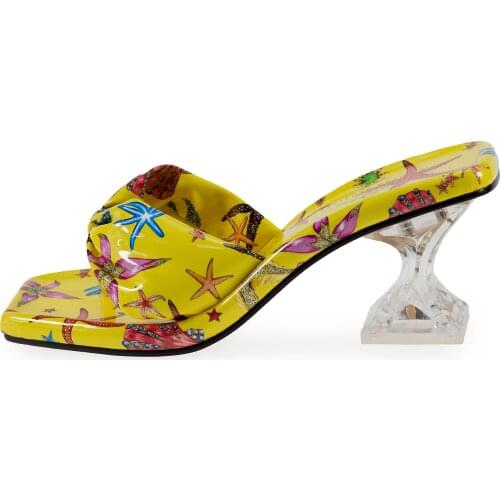 Mint Green Yellow Starfish Ocean Print Sexy Clear Heels Party Dress Sandals A1331-1 PU Leather Flip-flop Designer Mules Sandals