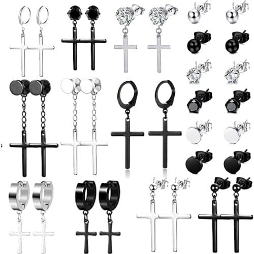 1 Pair Stainless Steel Dangle Cross Stud Earrings for Men Women Hoop CZ Stud Earrings Set Huggie Vintage Ear Piercing