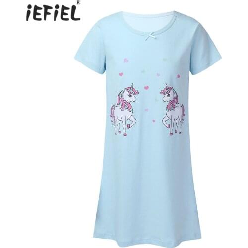 New Summer Girls Pajamas Night Dress Cotton Princess Nightgown Short Sleeves Cute Cartoon Print Nightdress Casual Kids Sleepwear