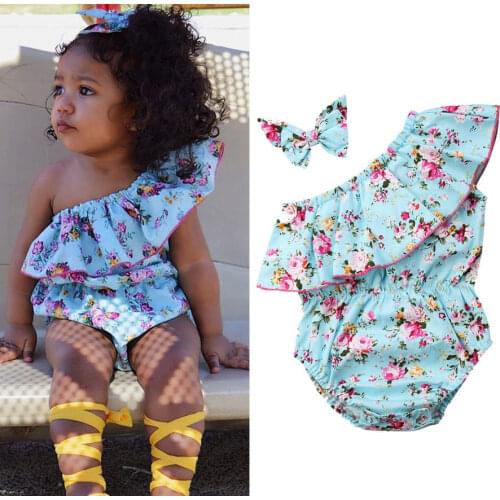 Newborn Baby Girls One Shoulder Floral Bodysuit Summer Sleeveless Clothing Cute Romper Jumpsuit Sunsuit Headband Outfits