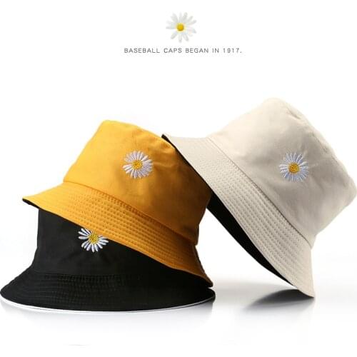 STOCKTON Fashion Bucket Hats for Women Double-Sided Daisies Embroidery Hat Casual Girls Fold Fisherman Cap Bonnet Summer Sun Cap