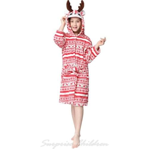 Girl Animal Pijamas Kids Cosplay Flannel Warm Soft Kigurumi Unicorn Christmas Reindeer Pajamas Baby Girls Hooded Fleece Bathrobe