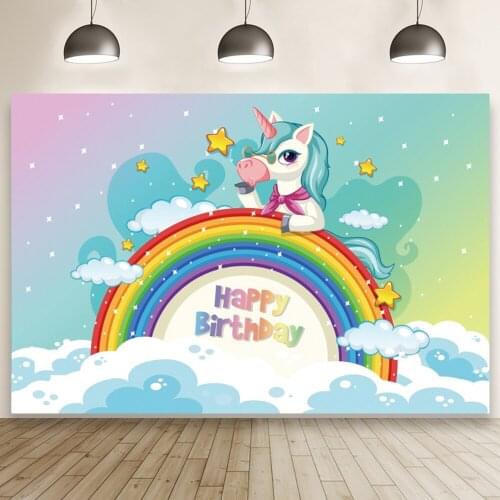 Rainbow with Unicorn One-year-old Photography Backdrop Birthday Background Baby Shower Photocall Prop Banner Photo Wall Decors