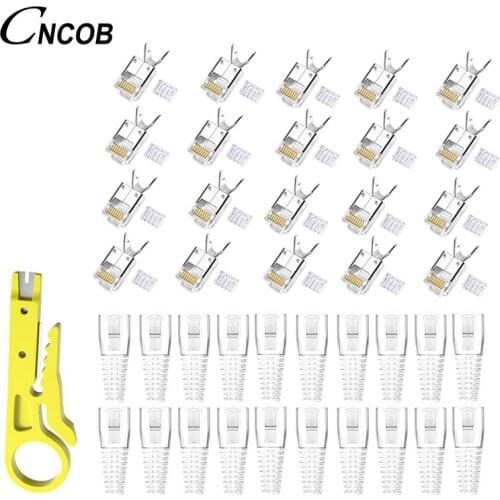 Cat6 50u FTP Connectors 8P8C Cat6a Cat5e Ethernet Plug Cable Ends with Tails 20pcs + 20pcs Transparent RJ45 Boots Covers