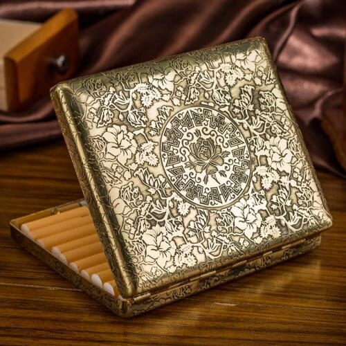 Rich Peony Flower Holder 20 Cigarette Cases Brass Clips Retro Portable Ultra-thin Creative Double Sided Carving Smoking Storage