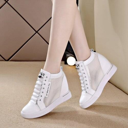 Mesh shoes womens inner heightening casual shoes slope heel breathable sports shoes elastic single shoes