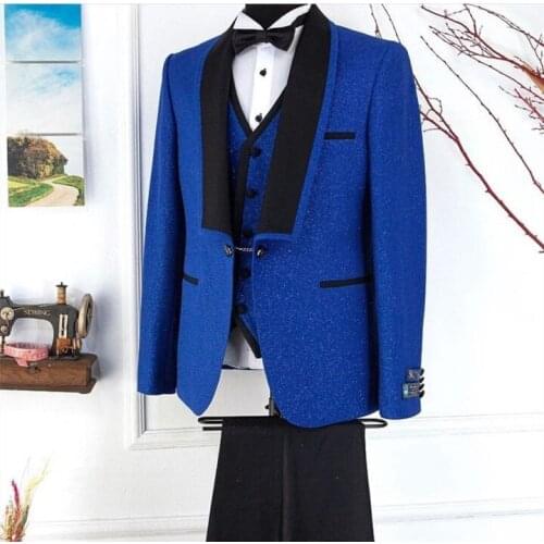 Blue Shiny Men Suits Wide Black Lapel Wedding Costume Homme Slim Fit 3 Pieces Groom Prom Blazer Terno Masculino