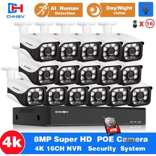 CHHSV H.265 16CH 8MP AI Face 4K POE NVR Kit 48V 8MP security Vandalproof Audio POE Camera System Video Surveillance Kit 4TB