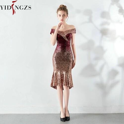 YIDINGZS New Women Elegant Short Sequin Prom Dress Knee Length Sparkle Evening Party Dress YD16181