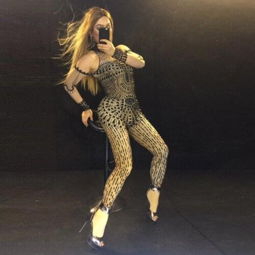 2020 New Female Big Black Bright Crystals Prom Jumpsuit High End Personal Celebrity Party Women Sexy Occasion Wear Clothing