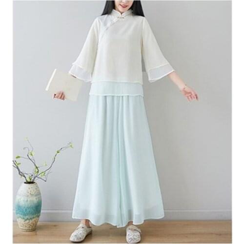 Women Yoga Set Chiffon Chinese Traditional Loose Shirt+pant Tai Chi Kungfu Meditation Jogger Fitness Workout Casual Outfit Set