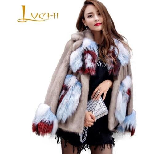 LVCHI Winter 2019 Female Print Flower Long Real Mink Fur Coats Womens With Fox Turn-Down Collar Contrast Color Long Mink Coats