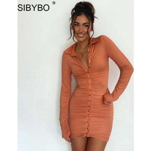 Sibybo Y2K Single-breasted Mini Shirt Dress Women Summer Turn-down Collar Bodycon Dress Femme Long Sleeve Streetwear Party Dress