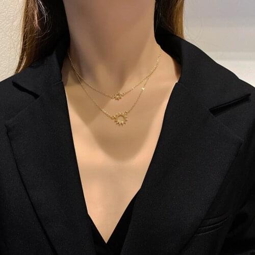 Women Necklace Double Layer Sun Clavicle Chain Hollow Vintage Pendant Chokers Simple Personality Charm Female Jewelry Girls Gift