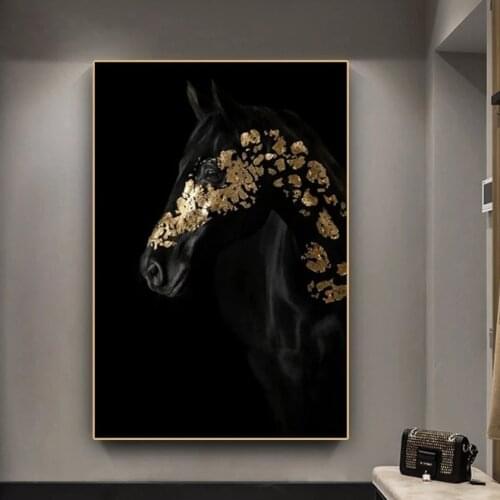 Animal Canvas Wall Art Painting Picture Black and Gold Horse Printings and Posters Light luxury Vintage Room Decor Modern Poster
