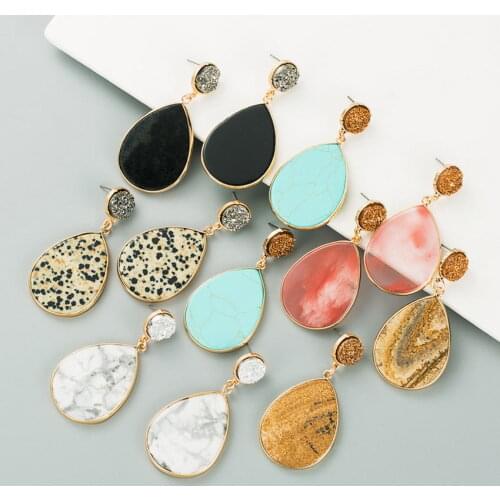 Gold Color Round Crystal Quartz Chunky Teardrop Earrings Polished Natural Balmatin Stone Drop Earrings Women Fashion Jewelry